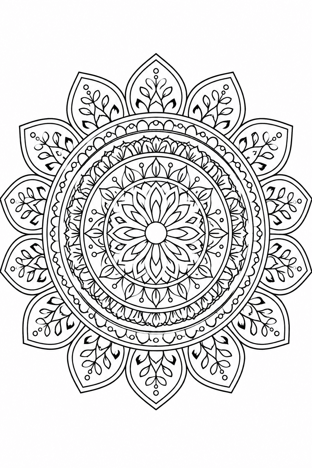 Schwarz-weißes florales Mandala mit Lotusblüten und Blattmotiven
