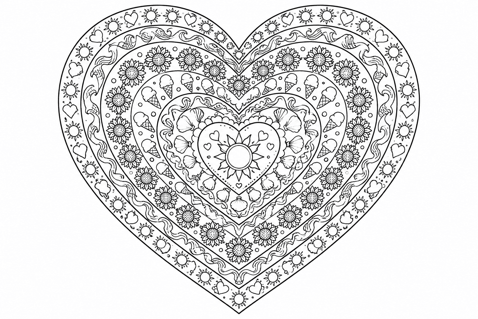 Mandala Sommer zum Ausmalen, fein, Herz