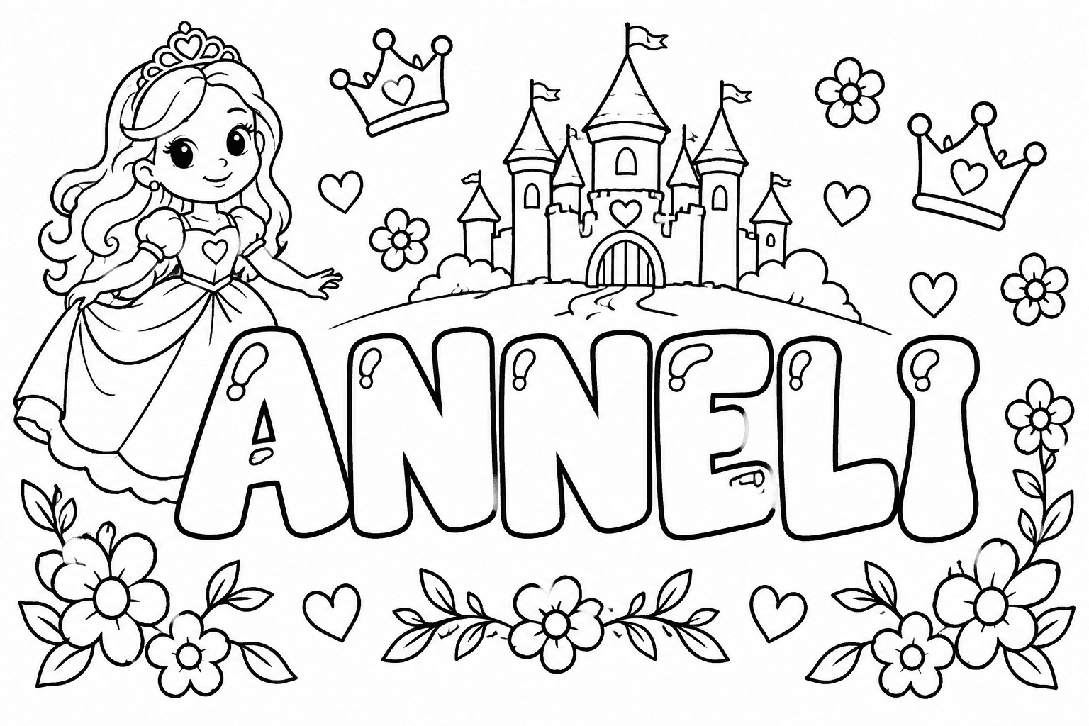 Ausmalbild mit dem Namen Anneli und Prinzessin-Motiven