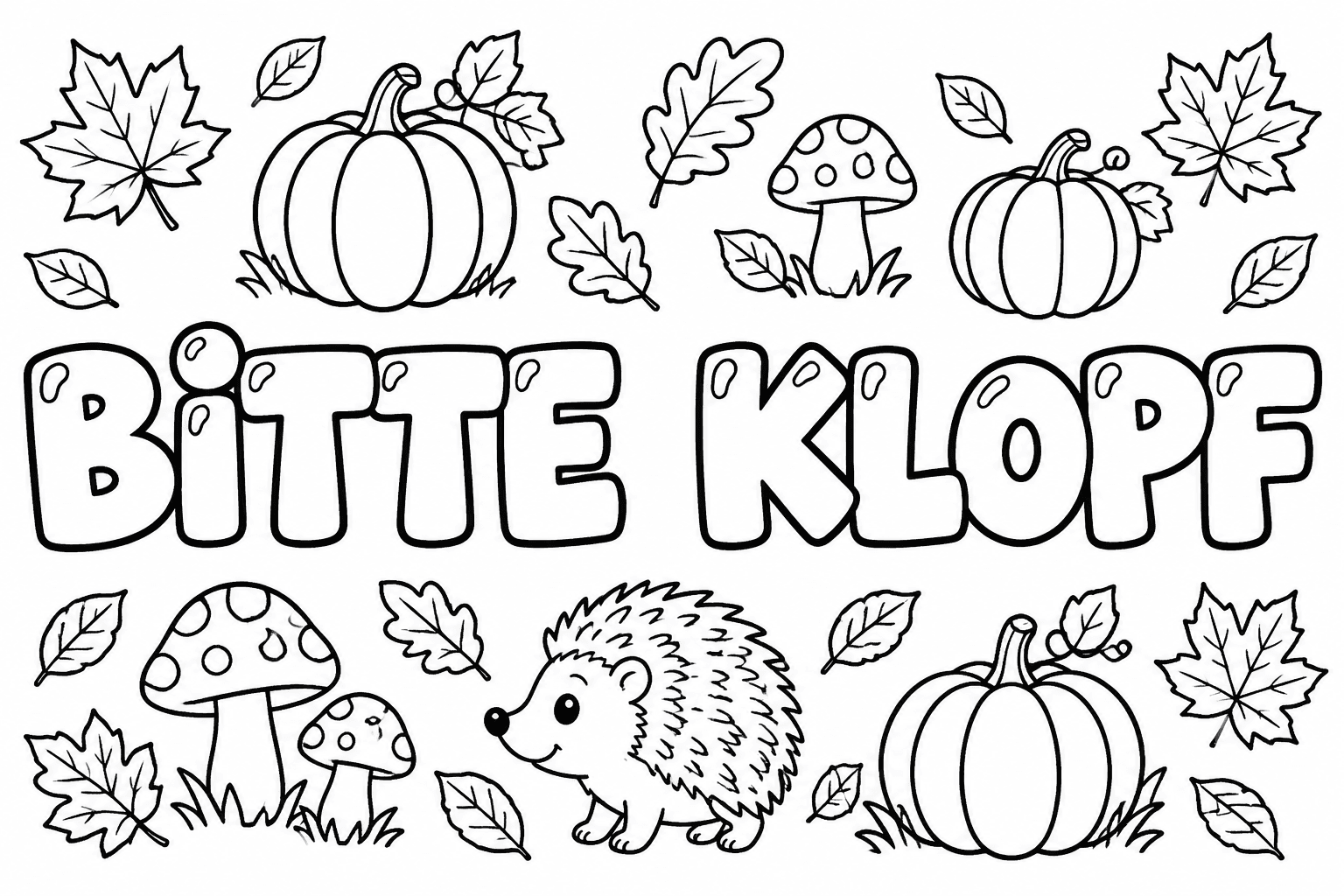 Ausmalbild mit dem Namen Bitte Klopf und Herbst-Motiven