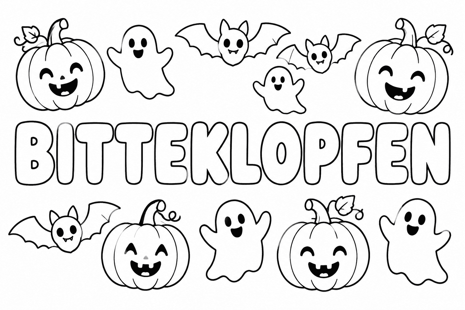 Ausmalbild mit dem Namen Bitteklopfen und Halloween-Motiven
