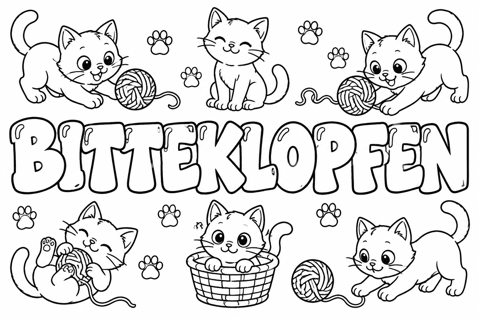 Ausmalbild mit dem Namen Bitteklopfen und Katzen-Motiven