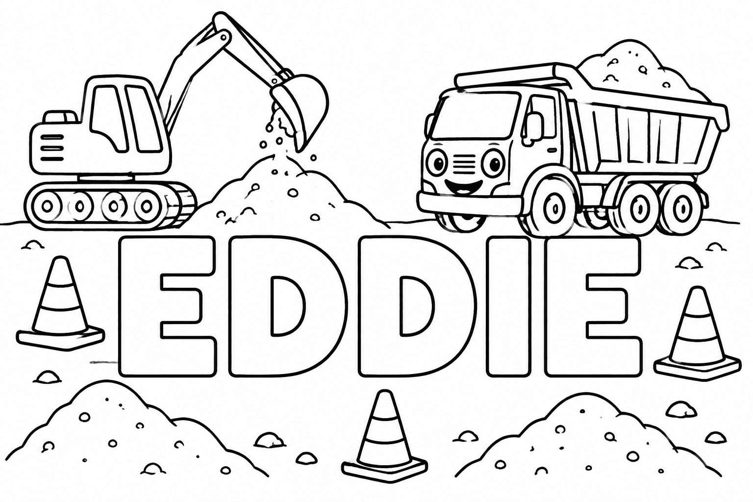 Ausmalbild mit dem Namen Eddie und Bagger-Motiven