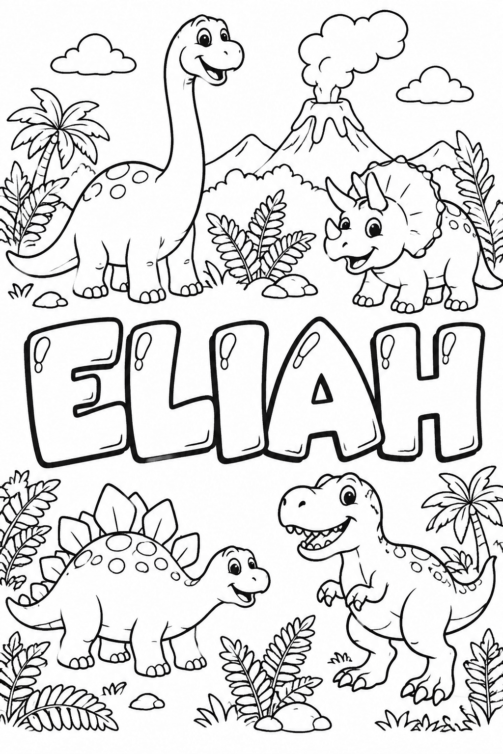 Ausmalbild mit dem Namen Eliah und Dinos-Motiven