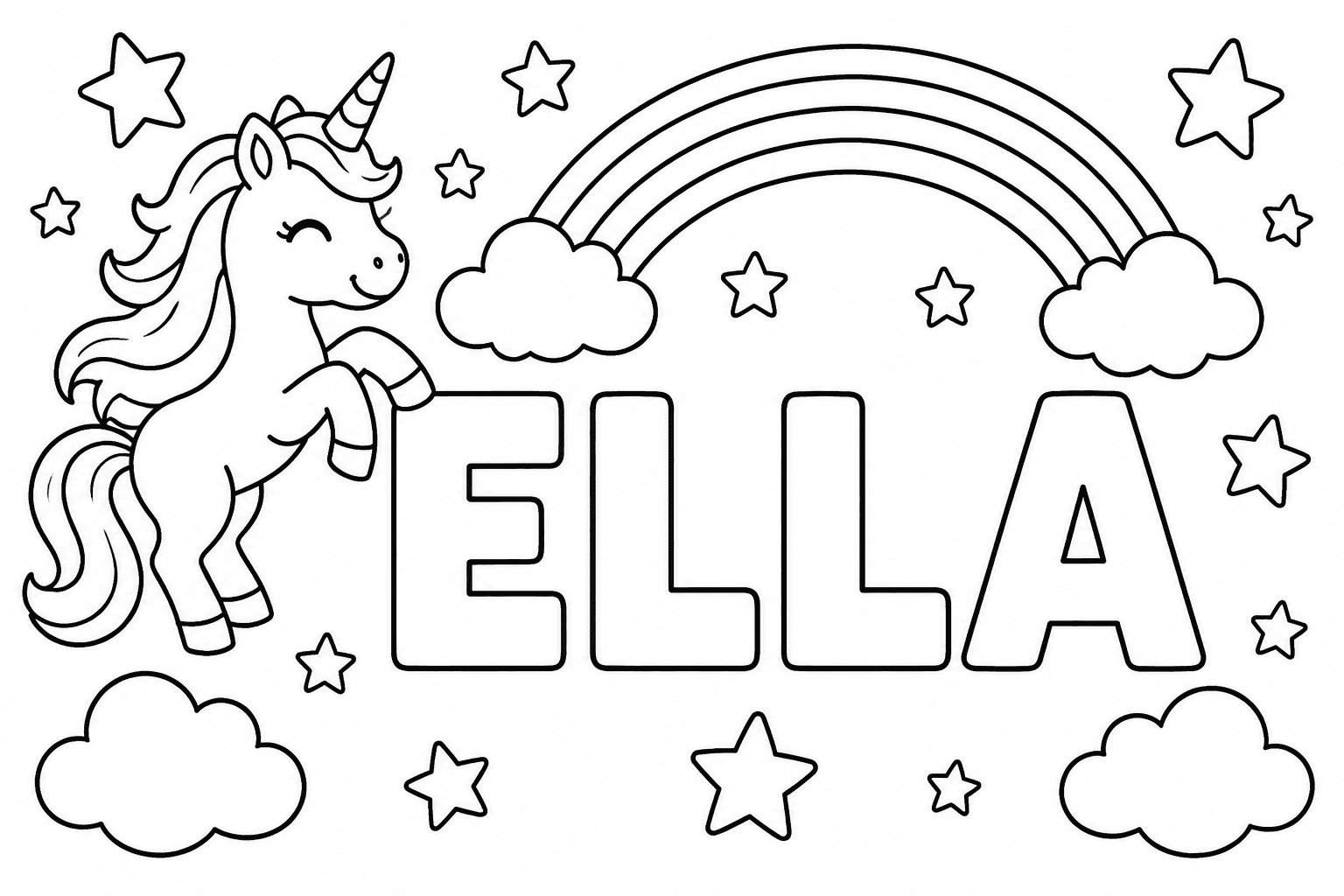Ausmalbild mit dem Namen Ella und Einhorn-Motiven