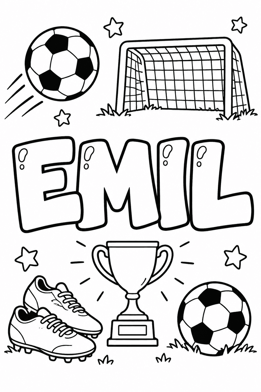 Ausmalbild mit dem Namen Emil und Fußball-Motiven