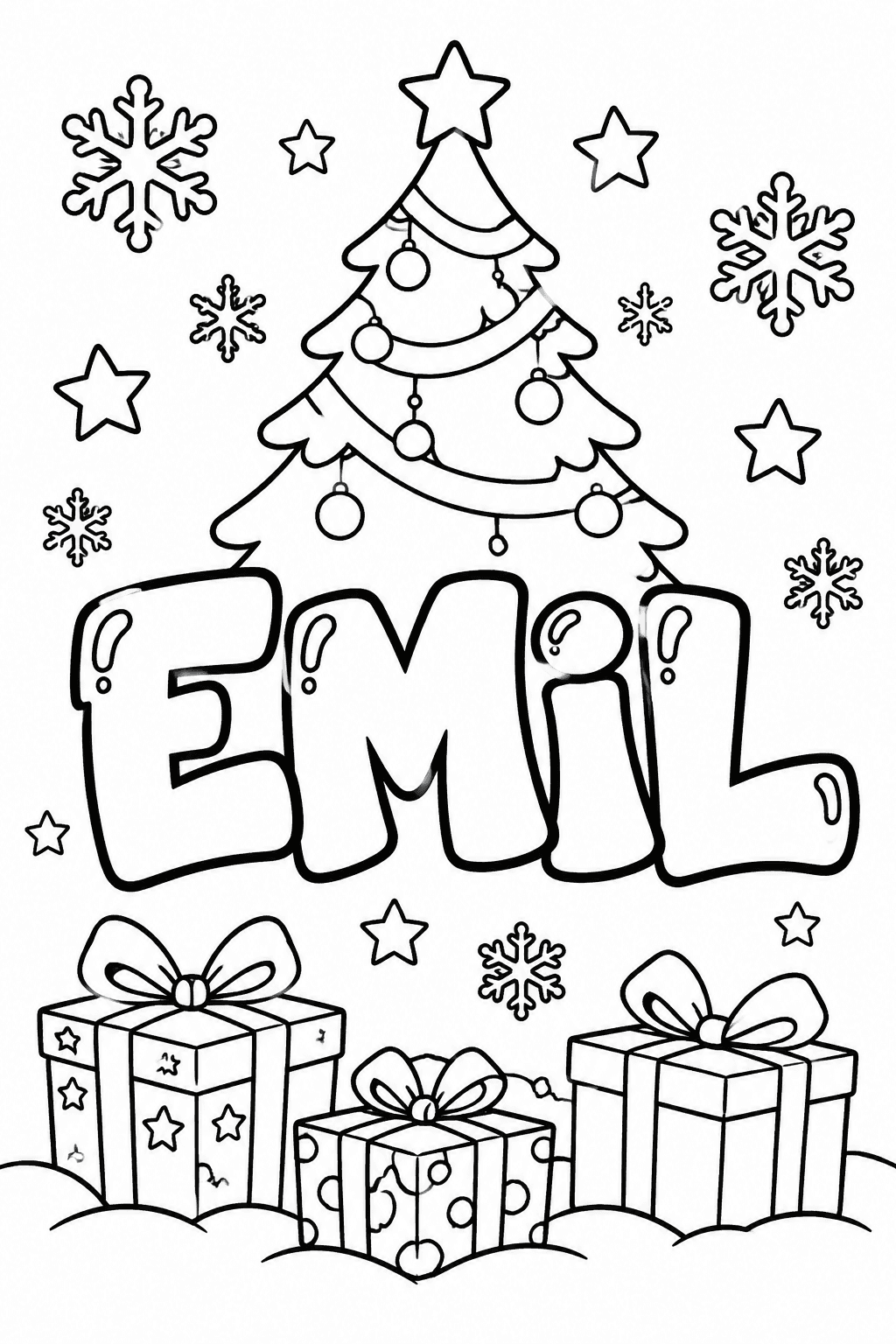 Ausmalbild mit dem Namen Emil und Weihnachten-Motiven