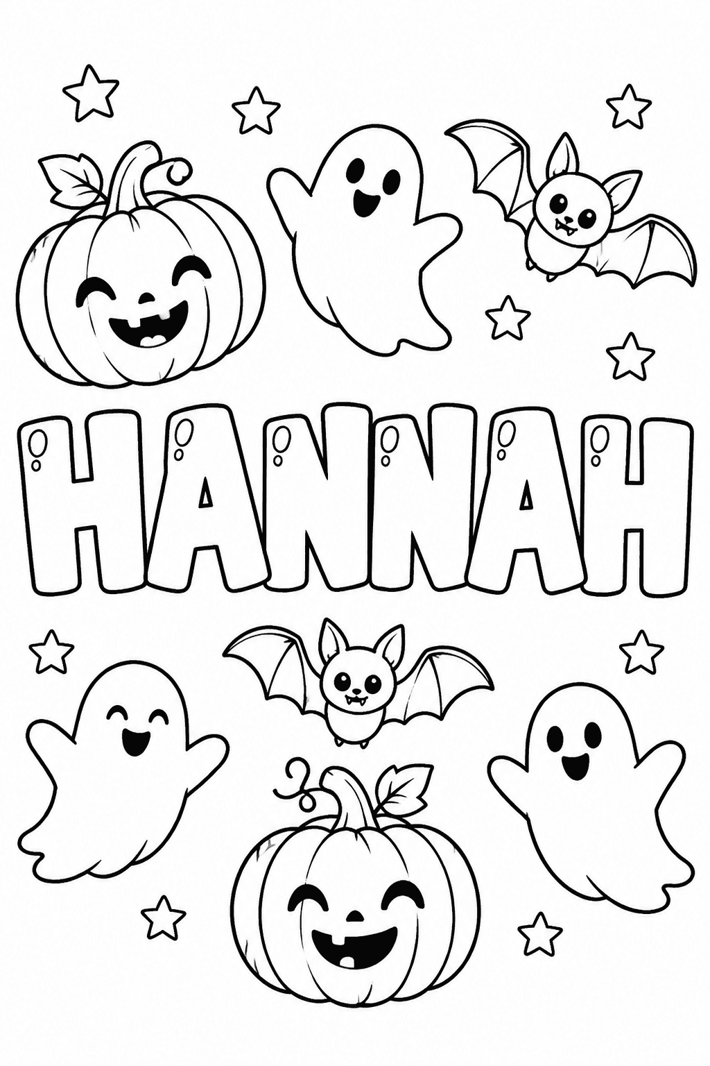 Ausmalbild mit dem Namen Hannah und Halloween-Motiven