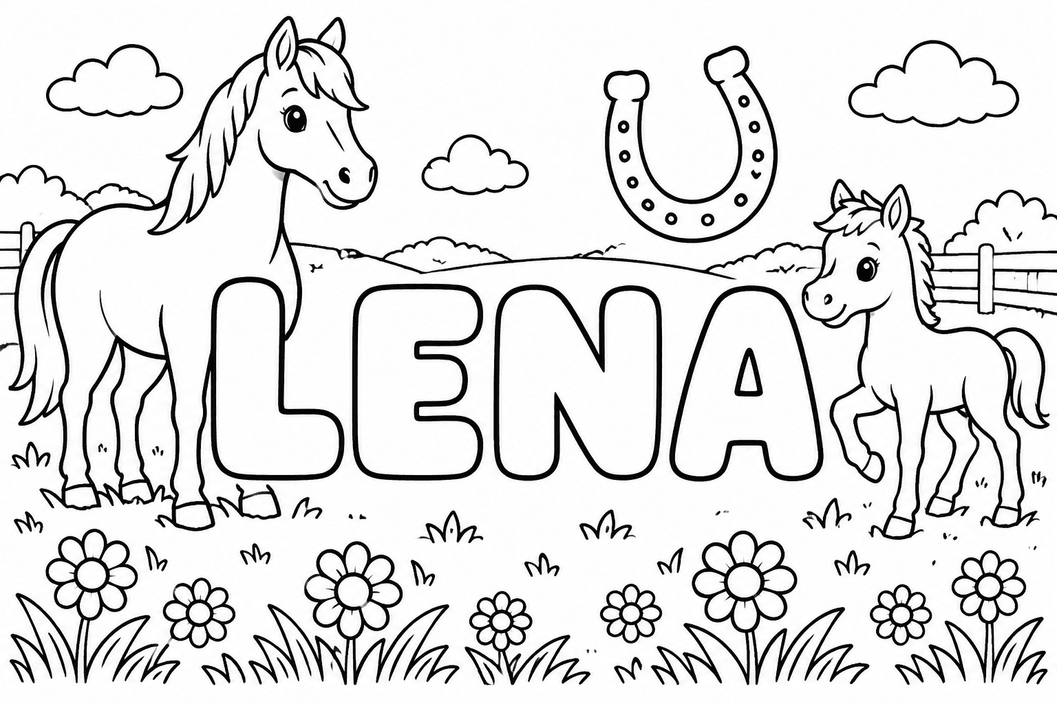 Ausmalbild mit dem Namen Lena und Pferde-Motiven