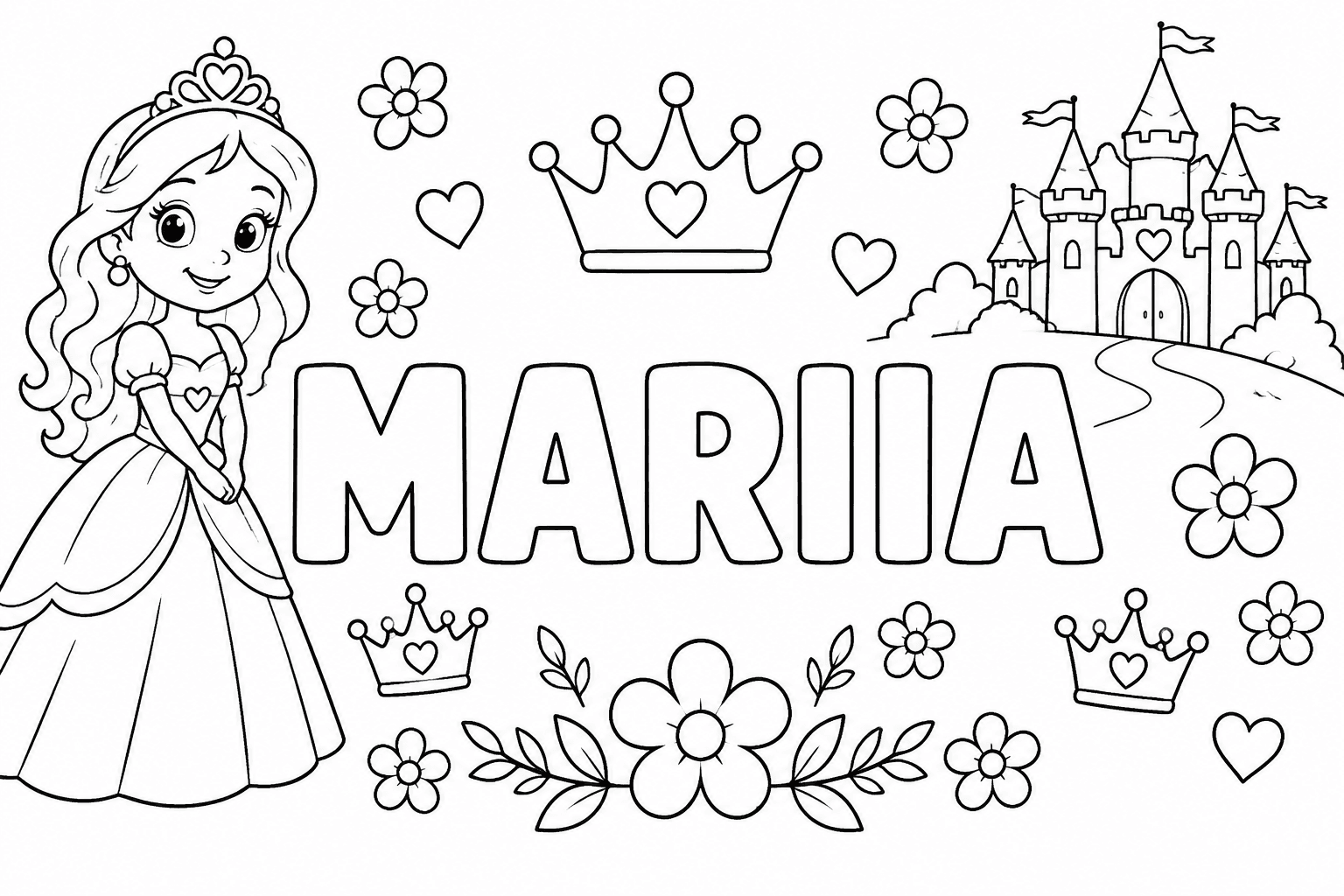 Ausmalbild mit dem Namen Mariia und Prinzessin-Motiven