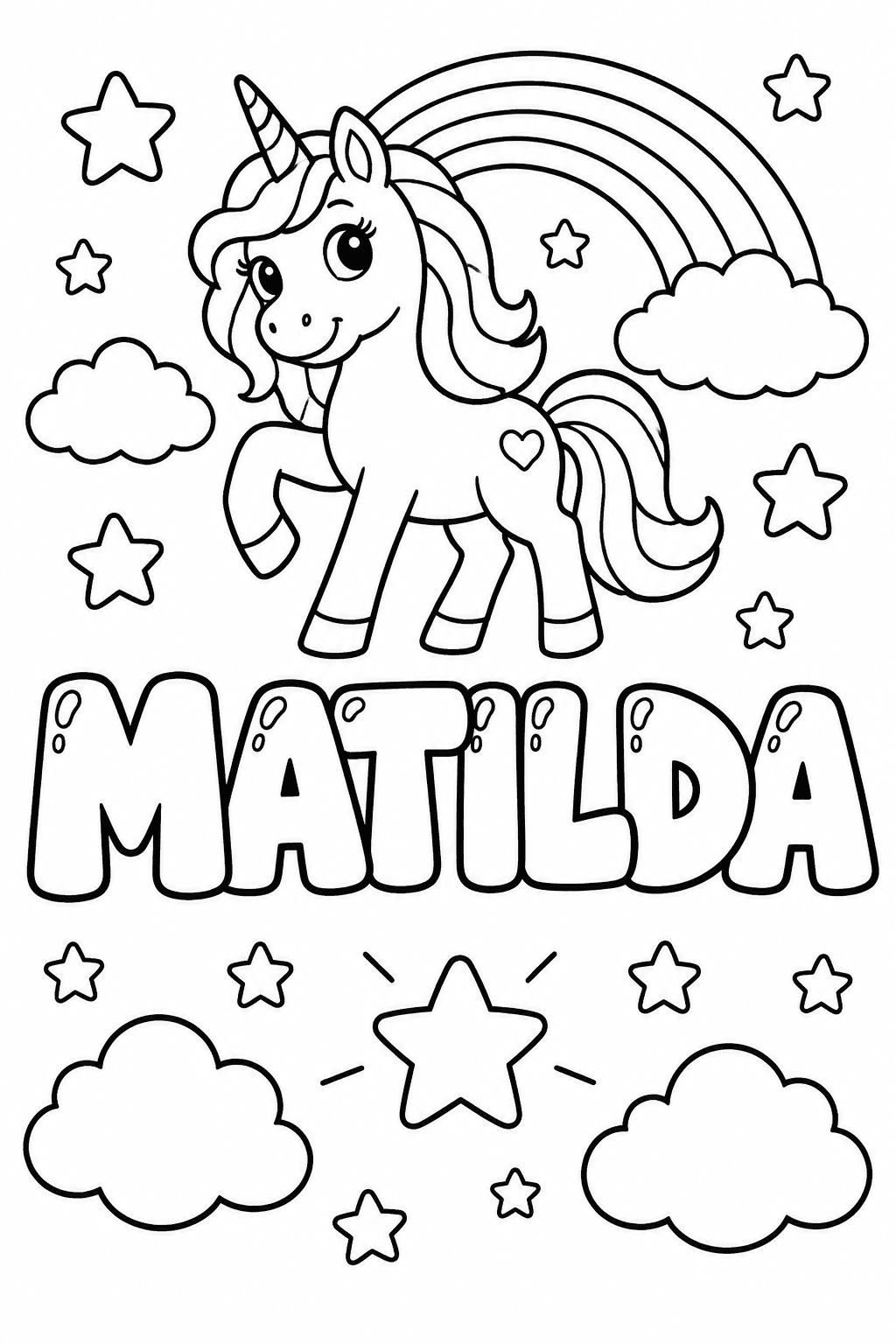 Ausmalbild mit dem Namen Matilda und Einhorn-Motiven