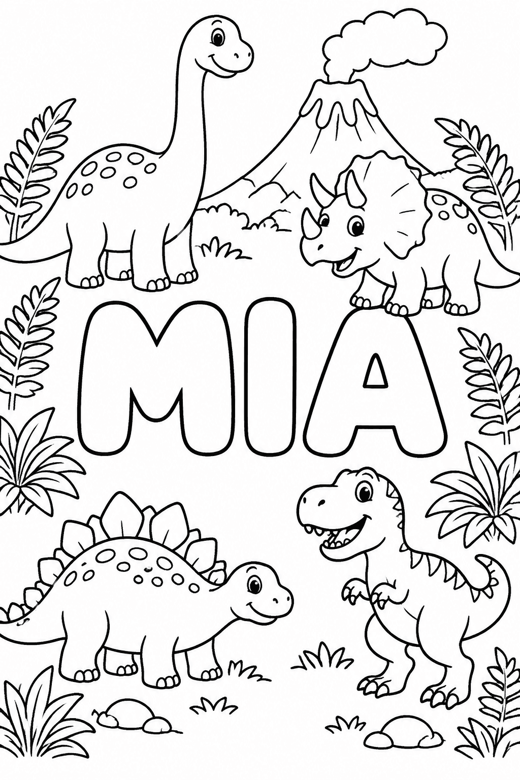 Ausmalbild mit dem Namen Mia und Dinos-Motiven
