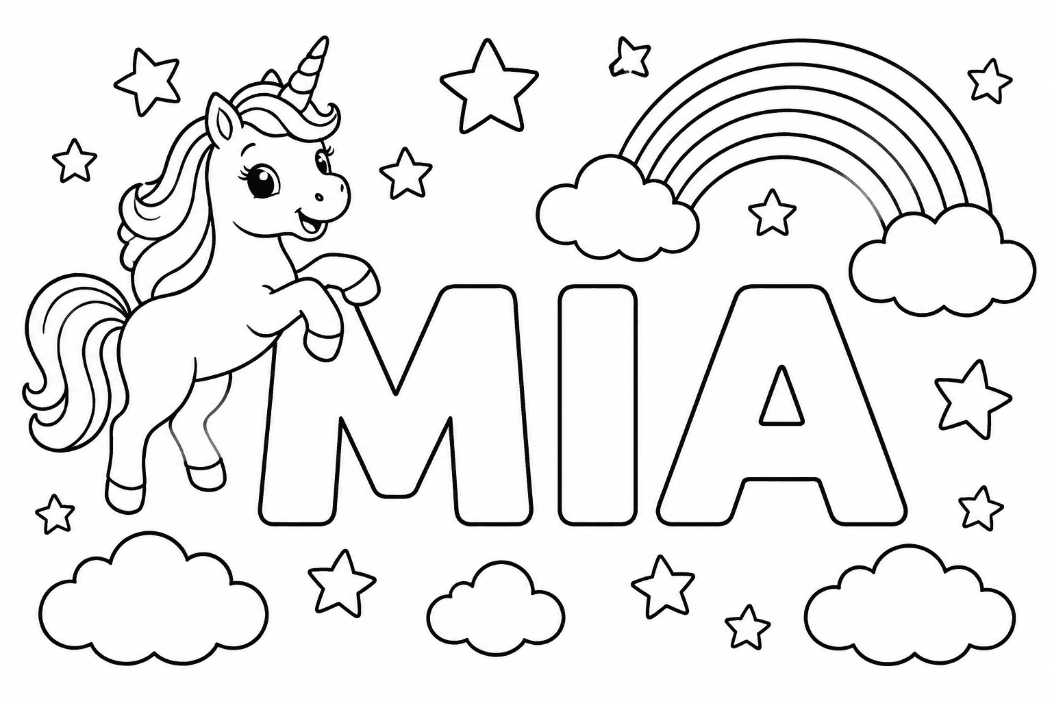 Ausmalbild mit dem Namen Mia und Einhorn-Motiven