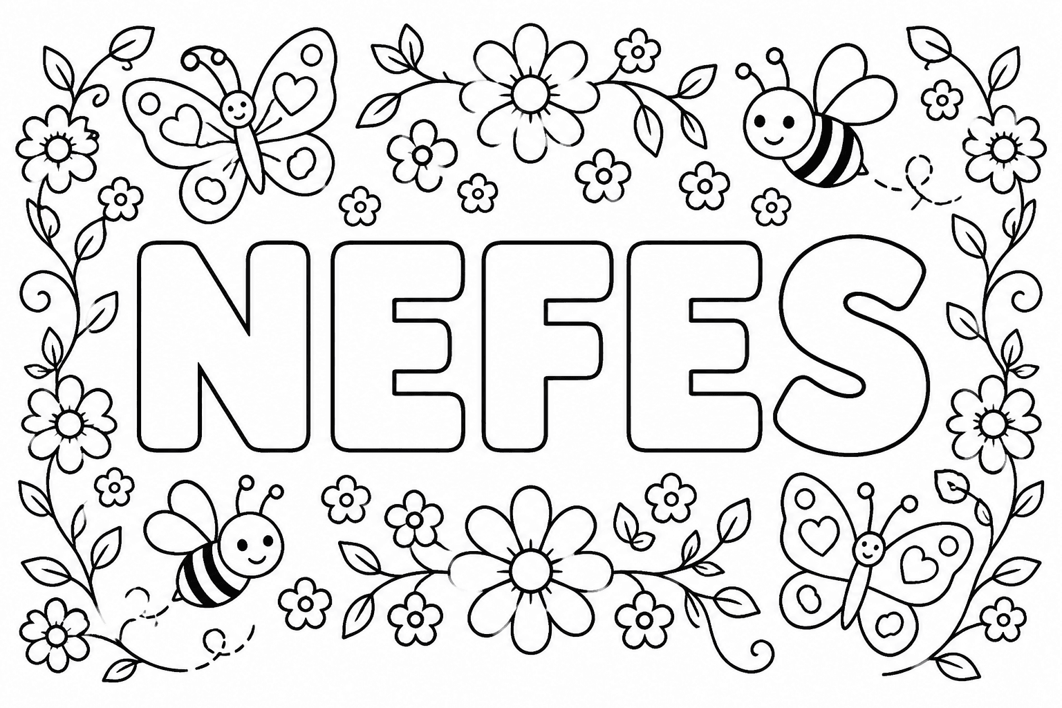 Ausmalbild mit dem Namen Nefes und Blumen-Motiven