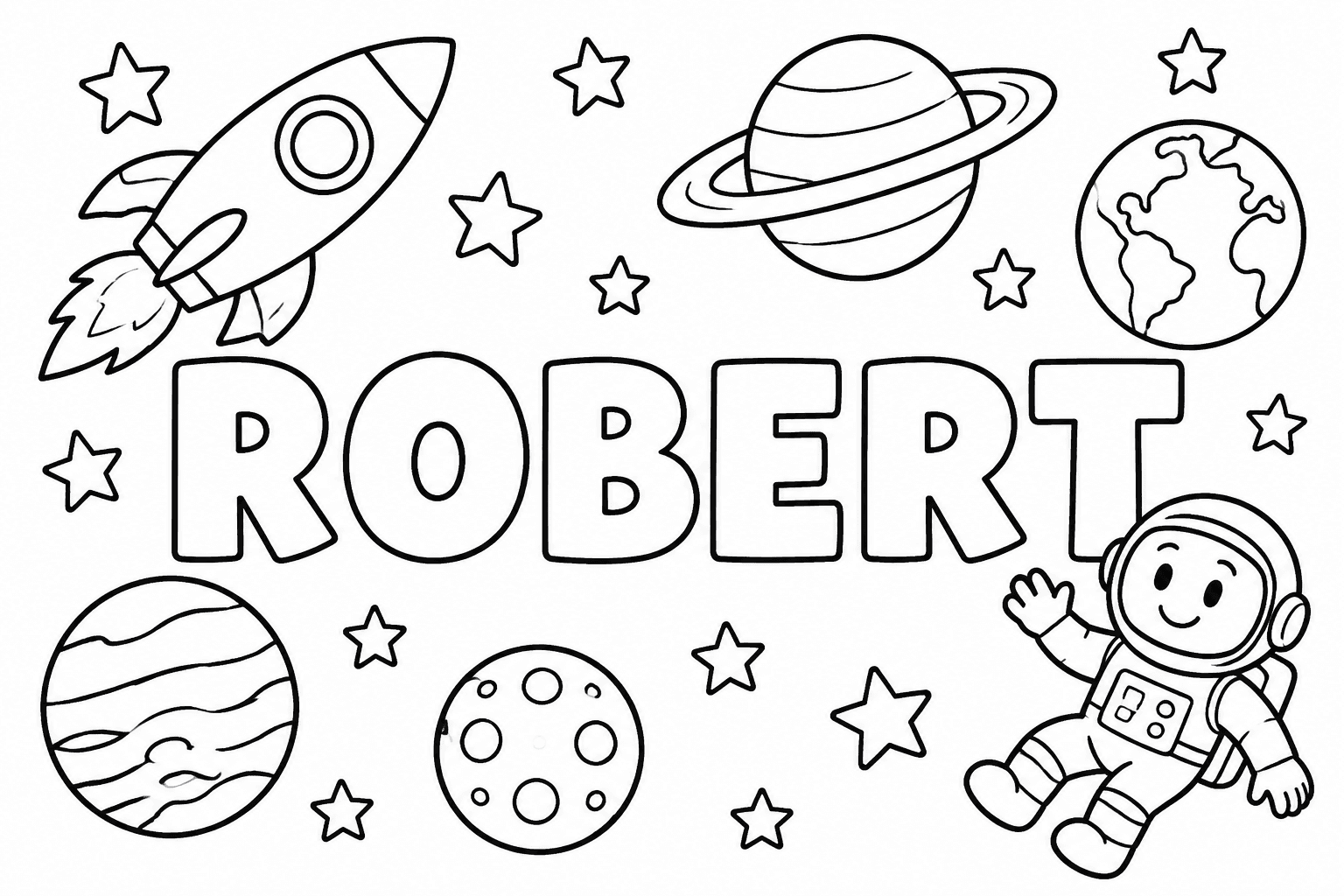 Ausmalbild mit dem Namen Robert und Weltraum-Motiven
