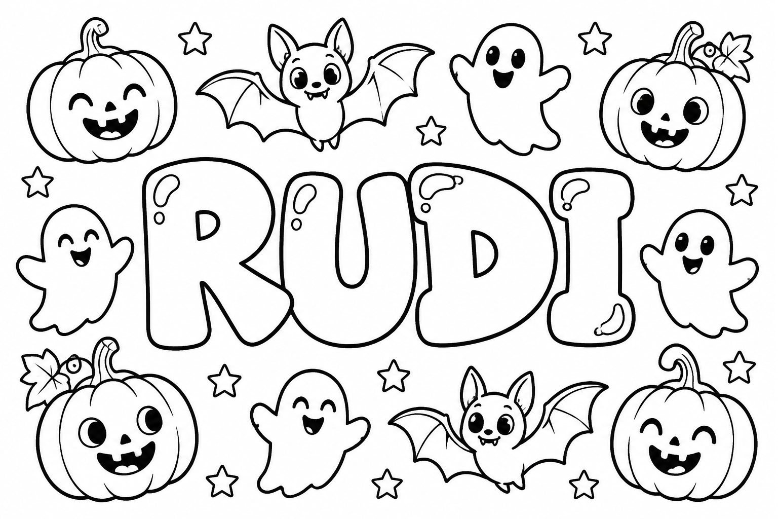 Ausmalbild mit dem Namen Rudi und Halloween-Motiven