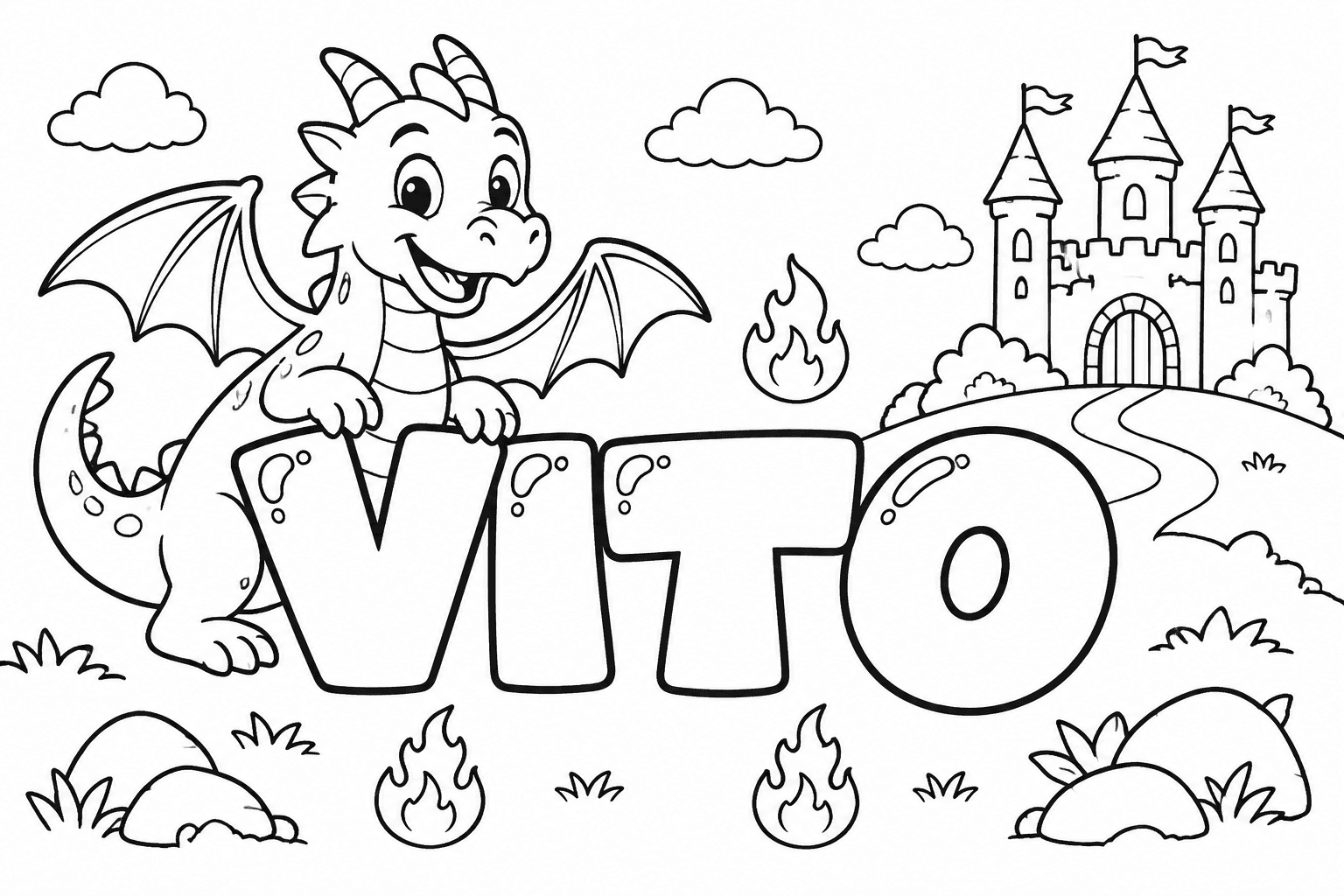 Ausmalbild mit dem Namen Vito und Drachen-Motiven