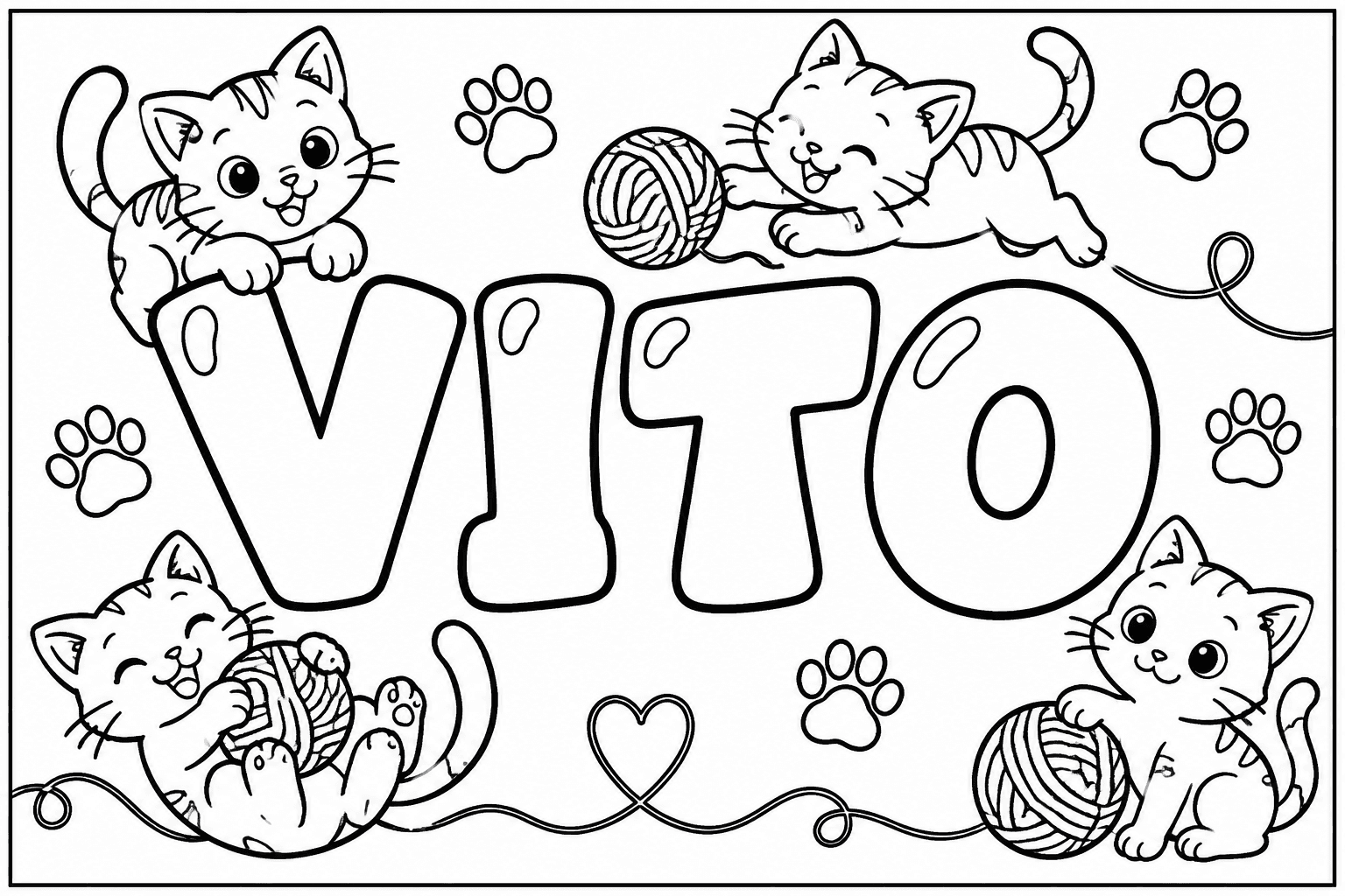 Ausmalbild mit dem Namen Vito und Katzen-Motiven