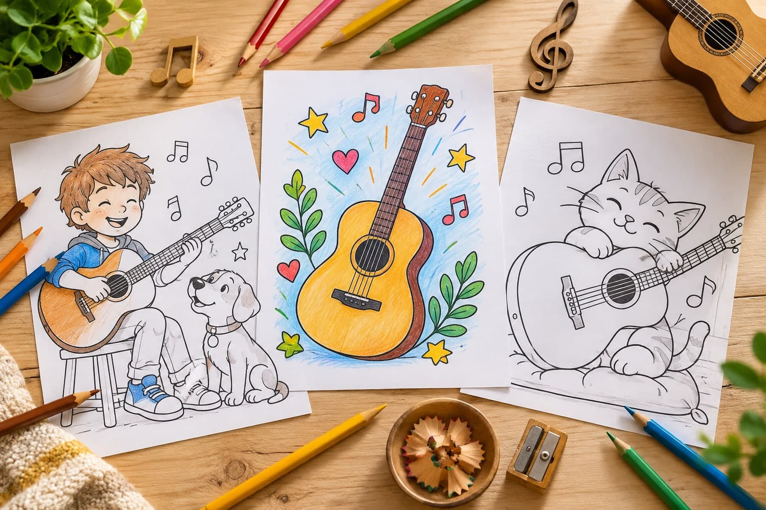 Titelbild: Gitarre Ausmalbilder: Kreative Motive für Musikinstrumente zum kostenlosen Download