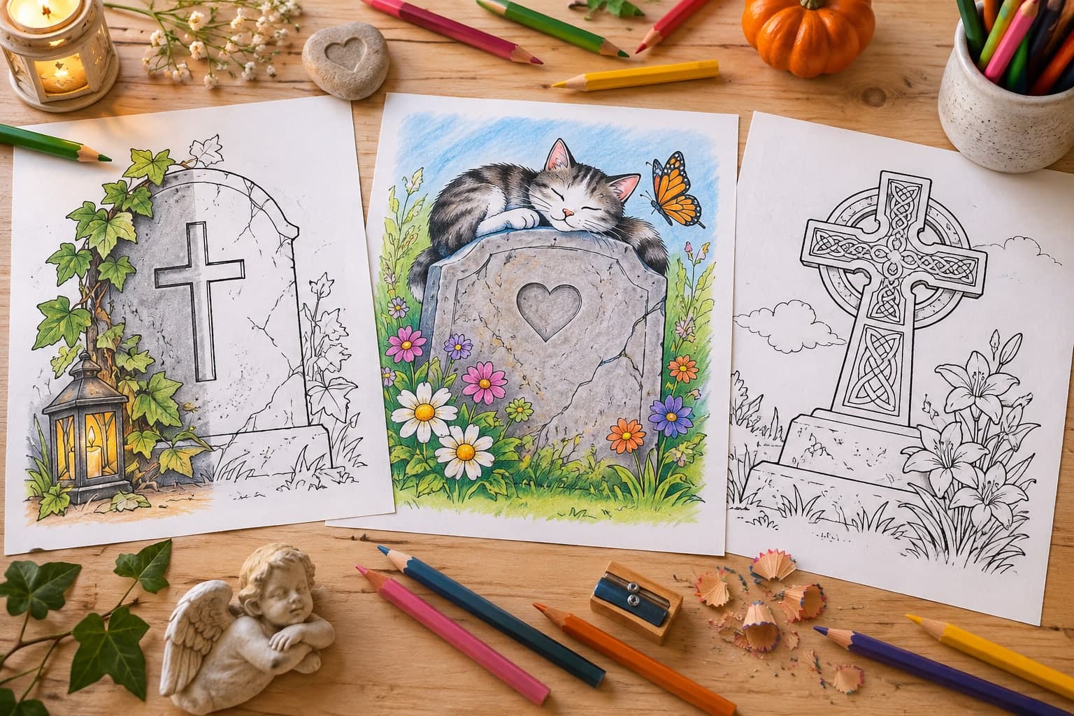 Titelbild: Kostenlose Ausmalbilder mit Grabstein Motiven zum Ausdrucken
