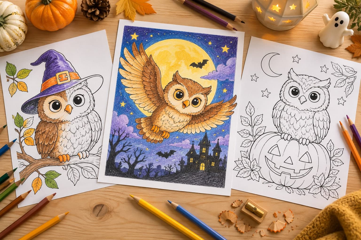 Titelbild: Halloween-Eule: Ausmalbilder mit Hexenhut und Mond