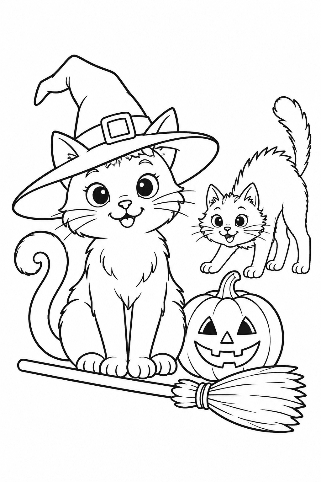Katzen mit Hexenhut, Kürbis und Besen als Ausmalbild
