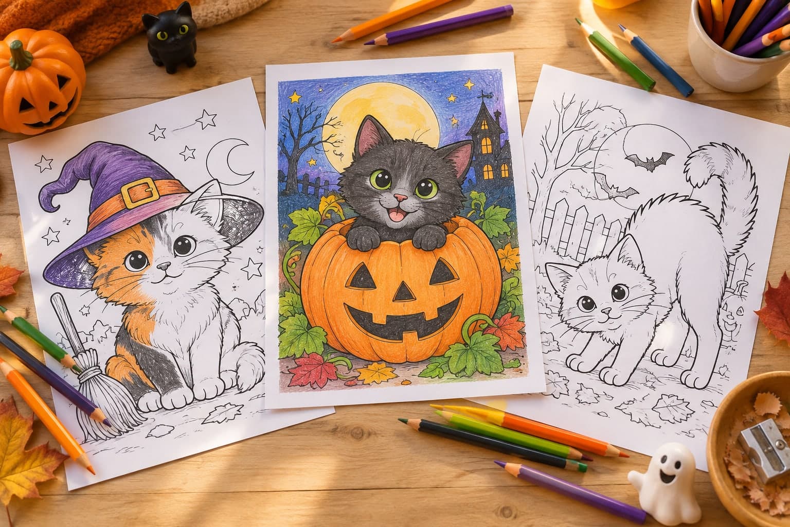 Titelbild: Halloween-Katze: Ausmalbilder mit Hexenhut und Kürbis