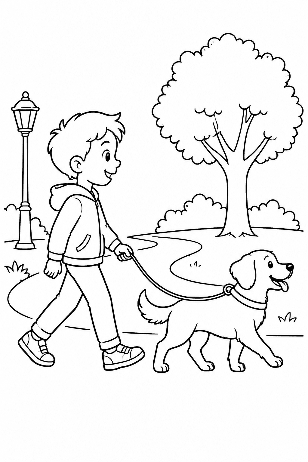 Kind geht mit dem Hund spazieren als Ausmalbild