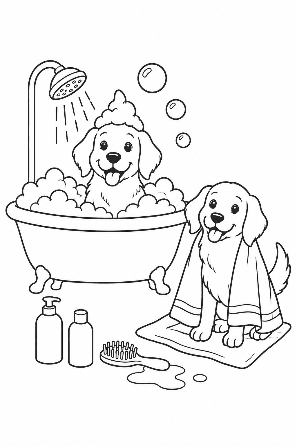Hund mit Schaumkrone in der Wanne als Ausmalbild