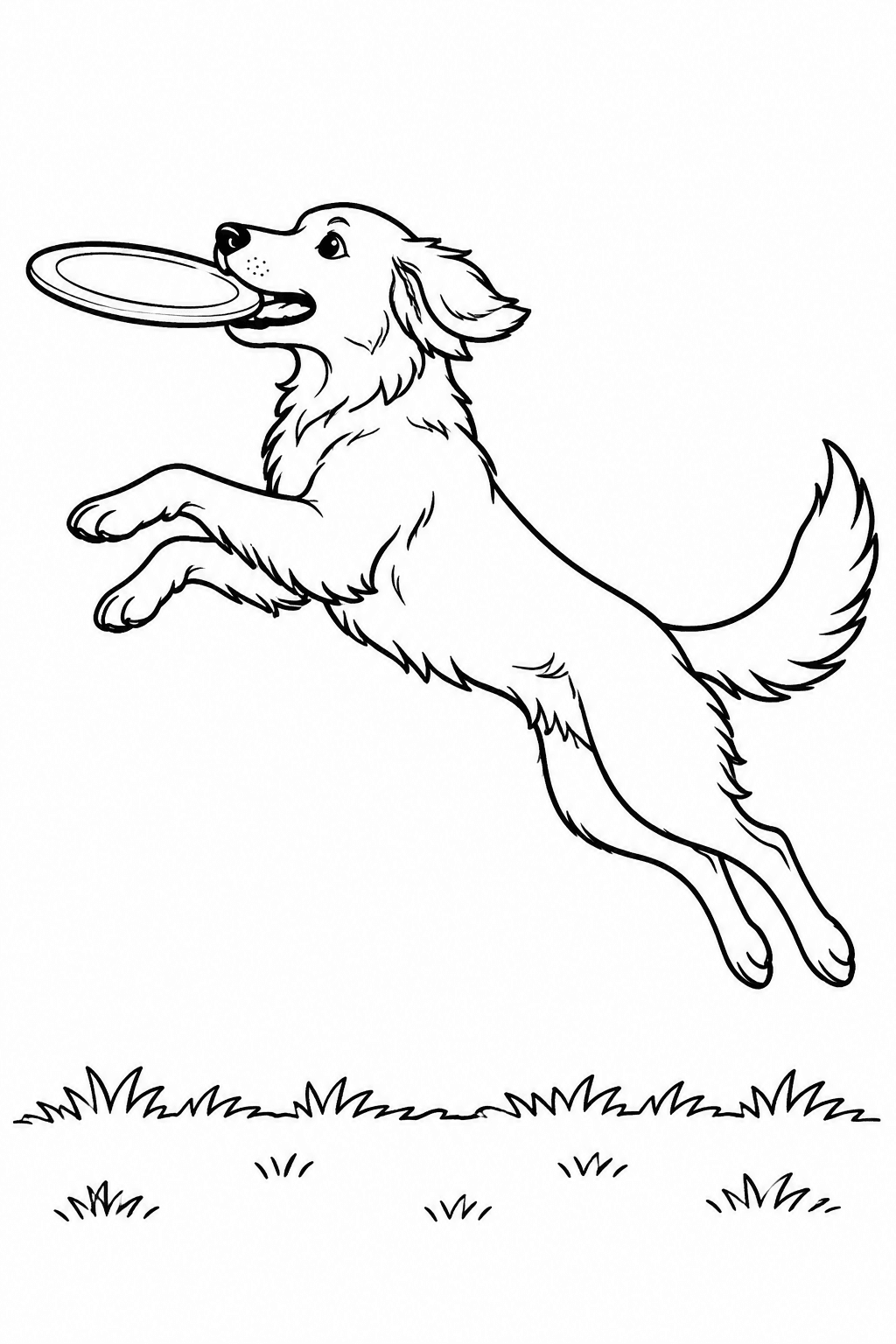 Hund fängt die Frisbee im Sprung als Ausmalbild