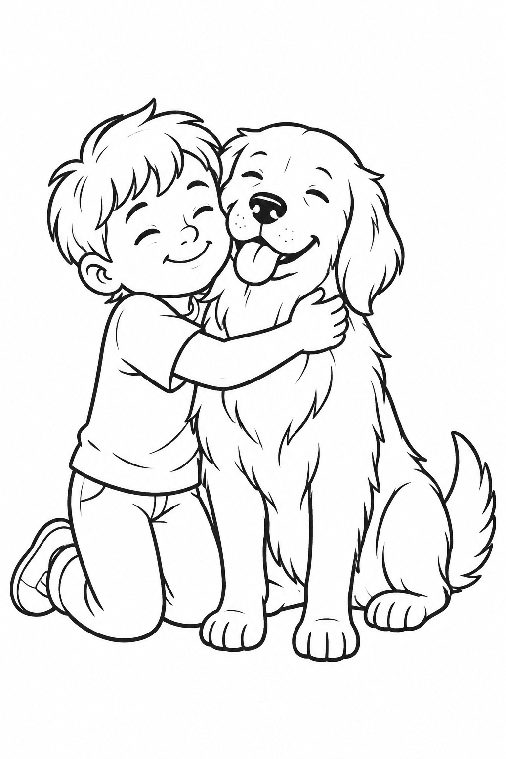 Kind umarmt seinen Hund als Ausmalbild