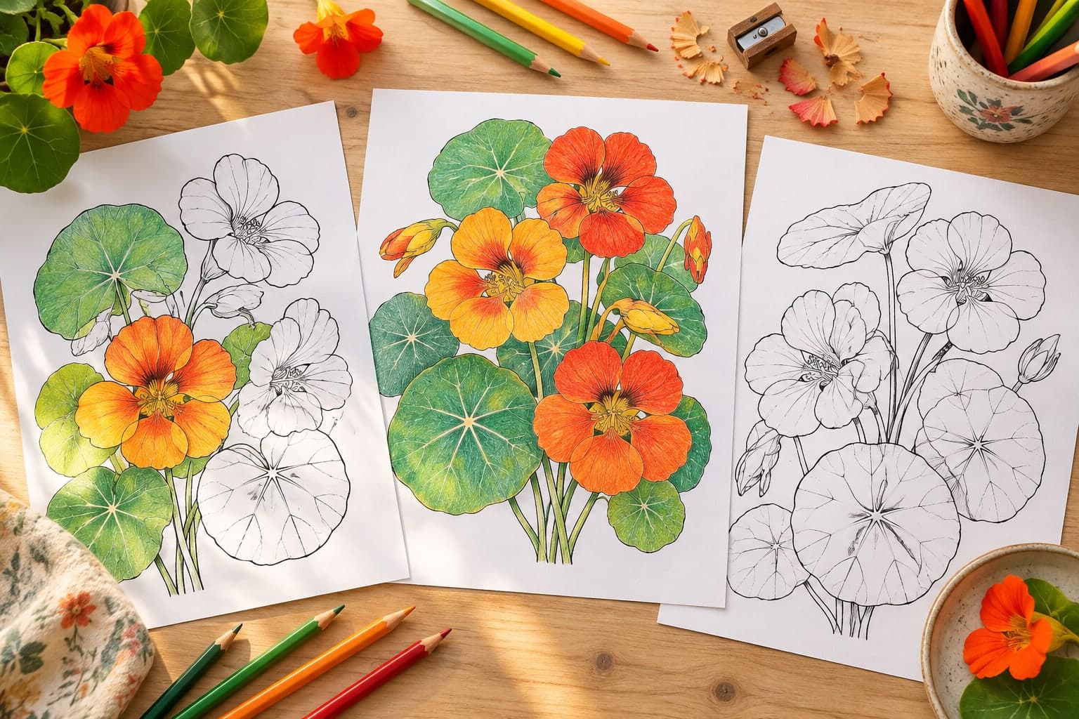 Titelbild: Kapuzinerkresse Ausmalbilder: Blumen für kreative Malpausen