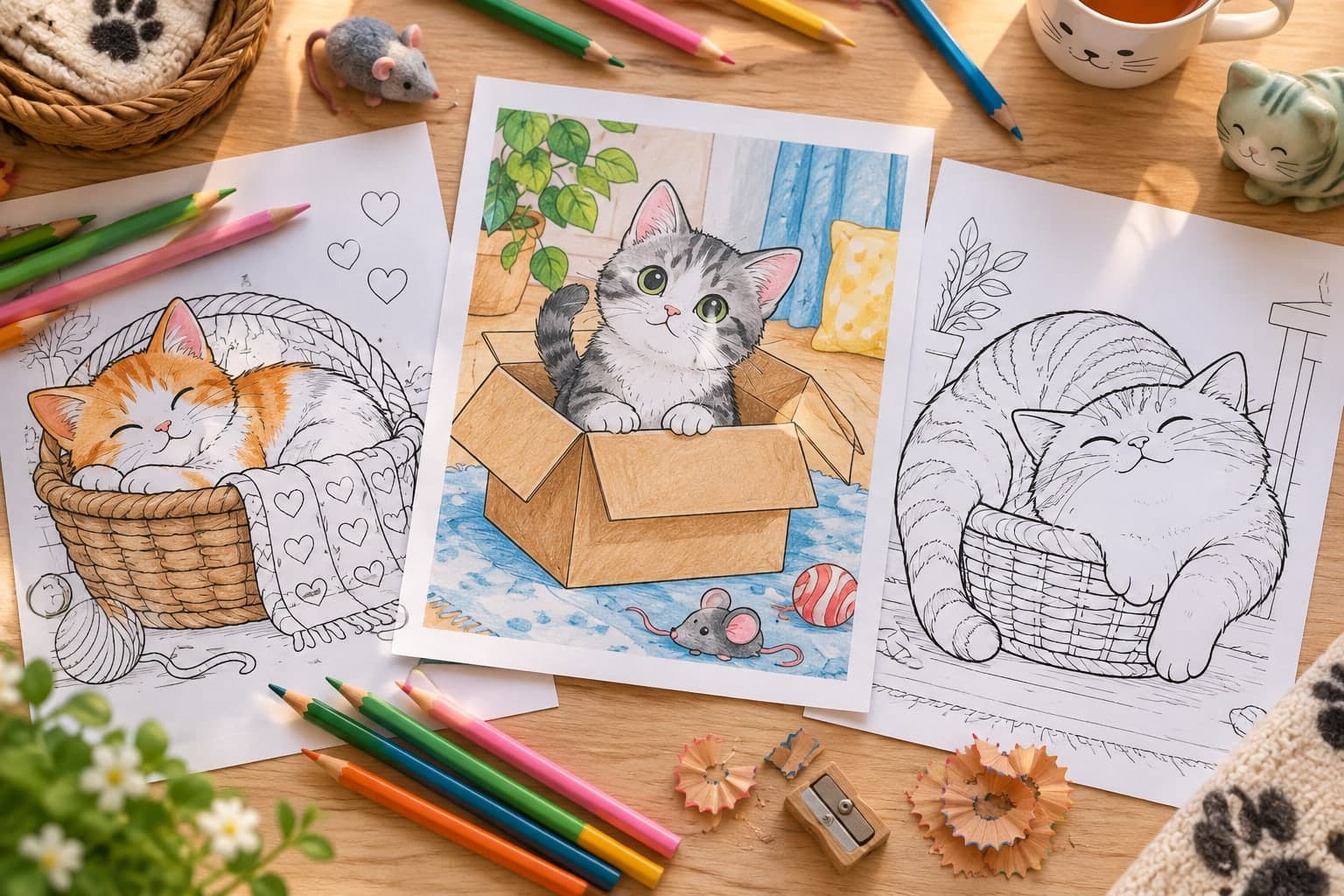 Titelbild: Katze im Korb: Ausmalbilder mit Körbchen und Karton