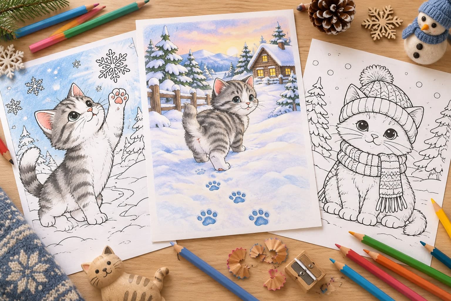 Titelbild: Katze im Schnee: Ausmalbilder für Wintertage