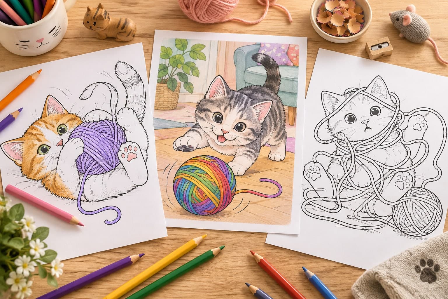 Titelbild: Katze mit Wollknäuel: Ausmalbilder zum Mitspielen
