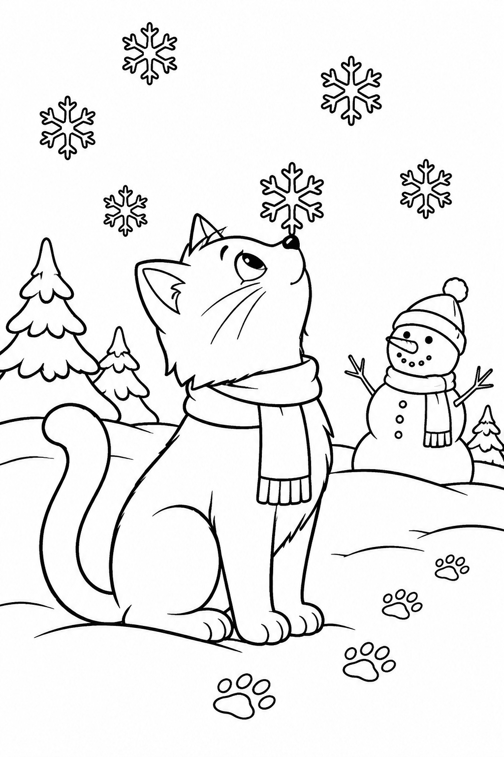 Katze betrachtet Schneeflocken neben einem Schneemann als Ausmalbild