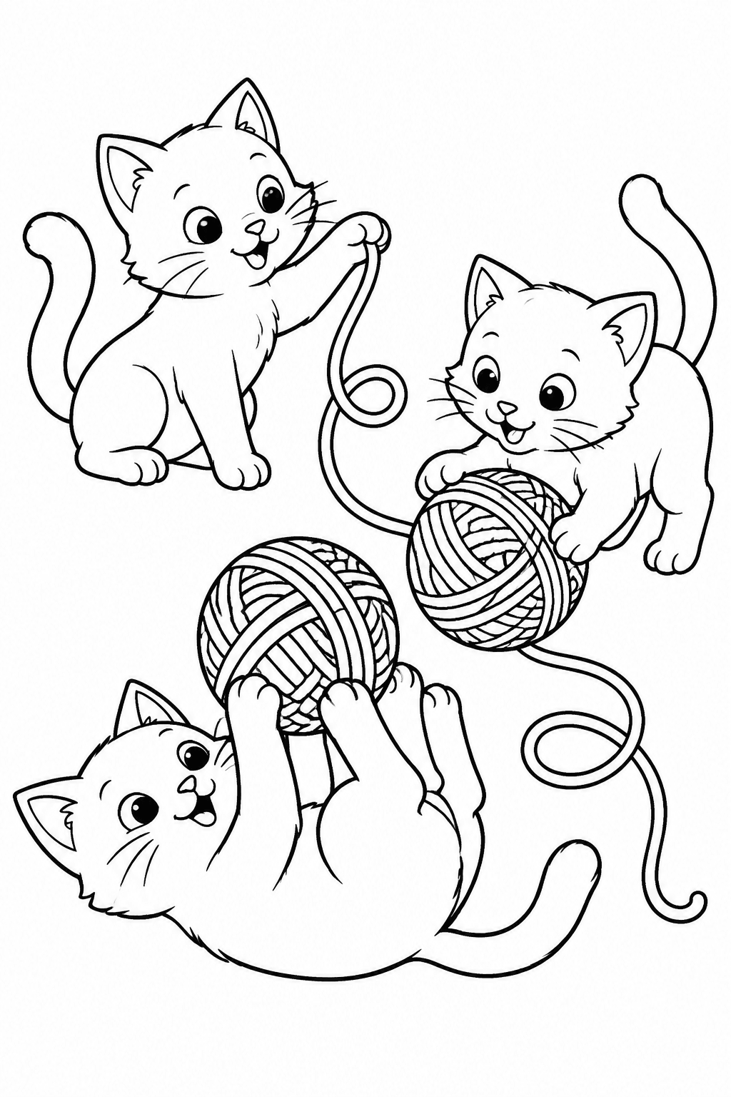 Drei Katzen spielen mit Wollknäueln, eine liegt auf dem Rücken als Ausmalbild
