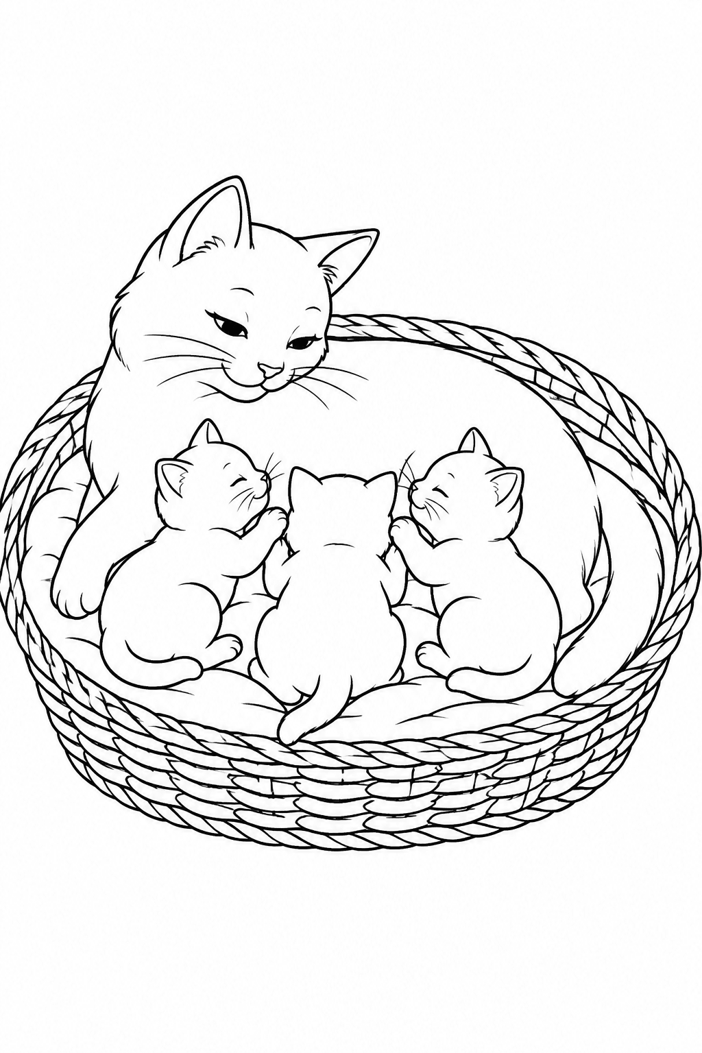 Katzenmama mit drei Babys im Korb als Ausmalbild