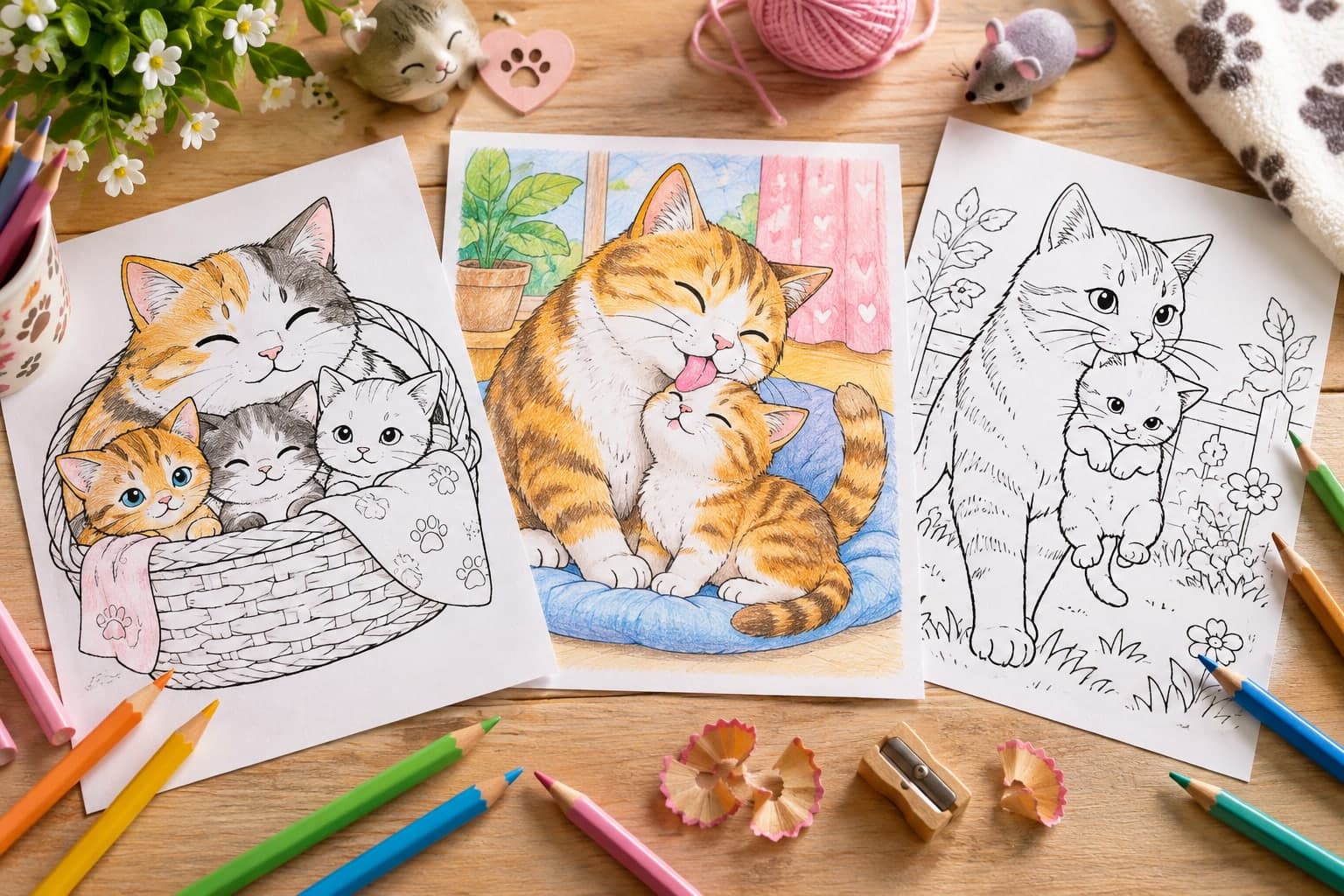 Titelbild: Katzenmama mit Babys: Ausmalbilder der Katzenfamilie