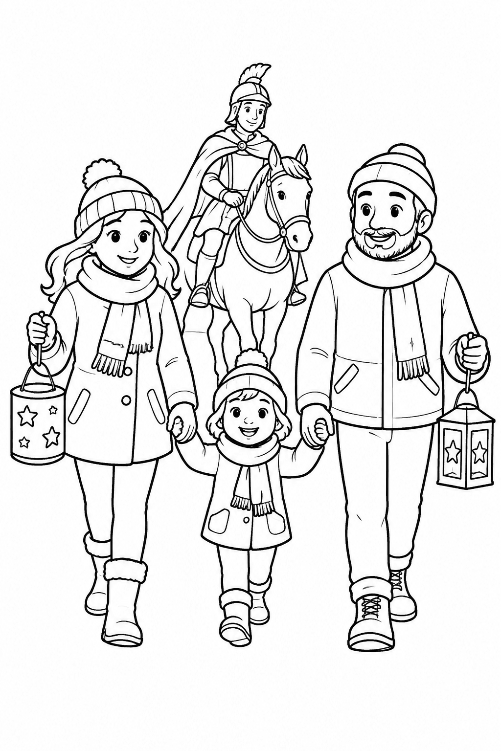 Familie läuft Hand in Hand mit Laternen als Ausmalbild