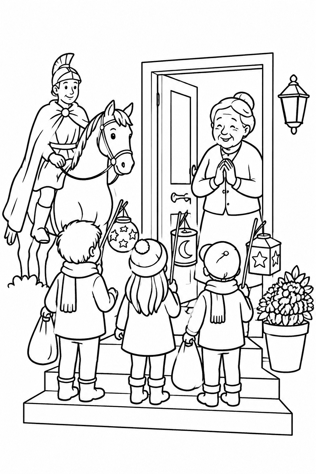Drei Kinder singen an der Haustür als Ausmalbild