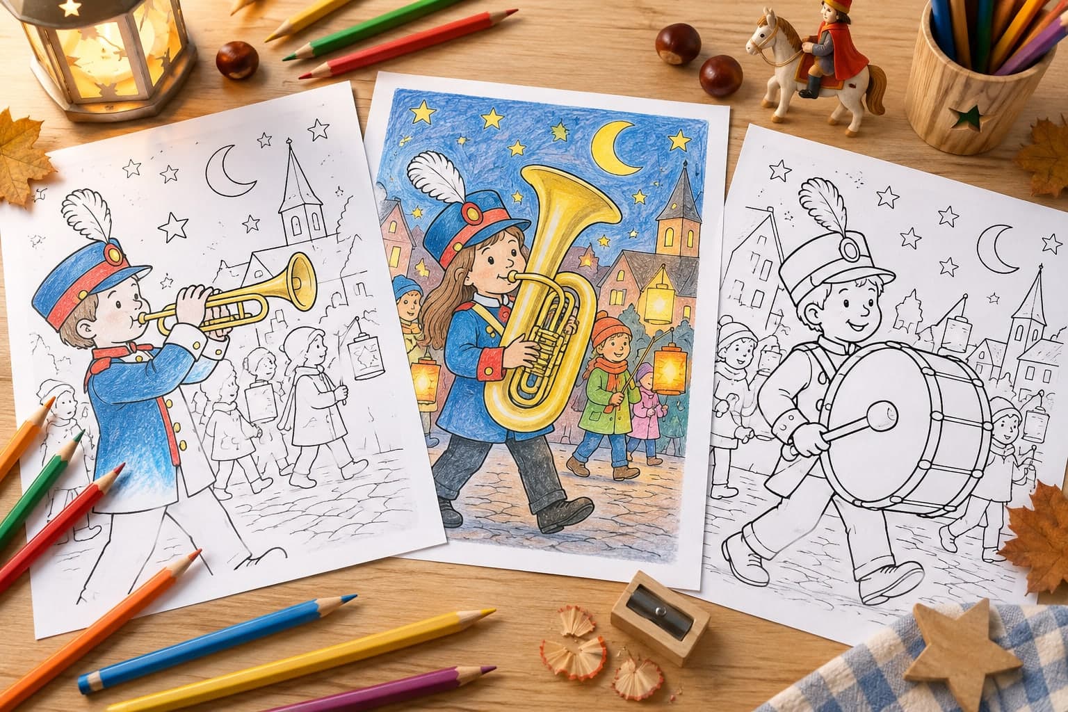 Titelbild: Martinsumzug mit Blaskapelle: Ausmalbilder mit Musik