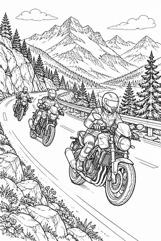 Motorrad Ausmalbild: Motorradausflug auf der Bergstraße