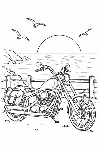 Motorrad Ausmalbild: Chopper am Meer bei Sonnenuntergang