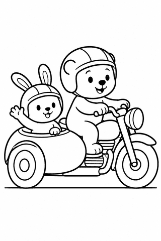 Motorrad Ausmalbild: Teddy und Hase im Beiwagen