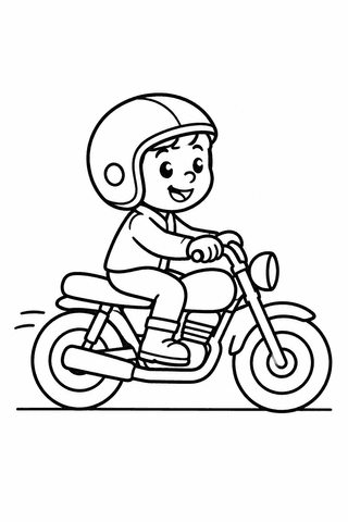 Motorrad Ausmalbild: Kind mit Helm auf dem Motorrad