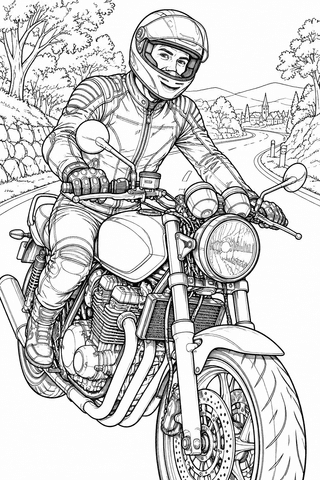 Motorrad Ausmalbild: Motorradfahrer mit Helm