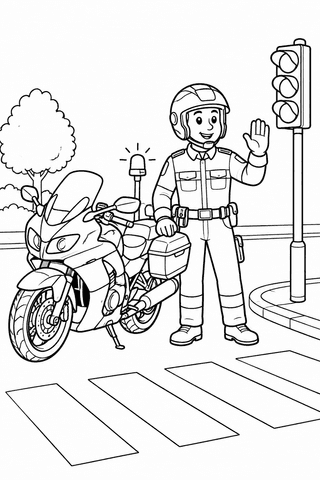Motorrad Ausmalbild: Polizist mit Motorrad an der Kreuzung