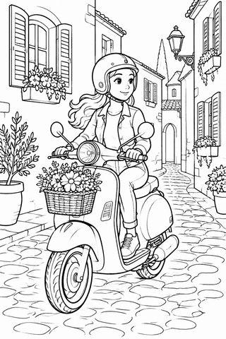 Motorrad Ausmalbild: Roller in der Altstadt