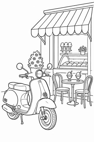 Motorrad Ausmalbild: Retro-Roller vor der Eisdiele